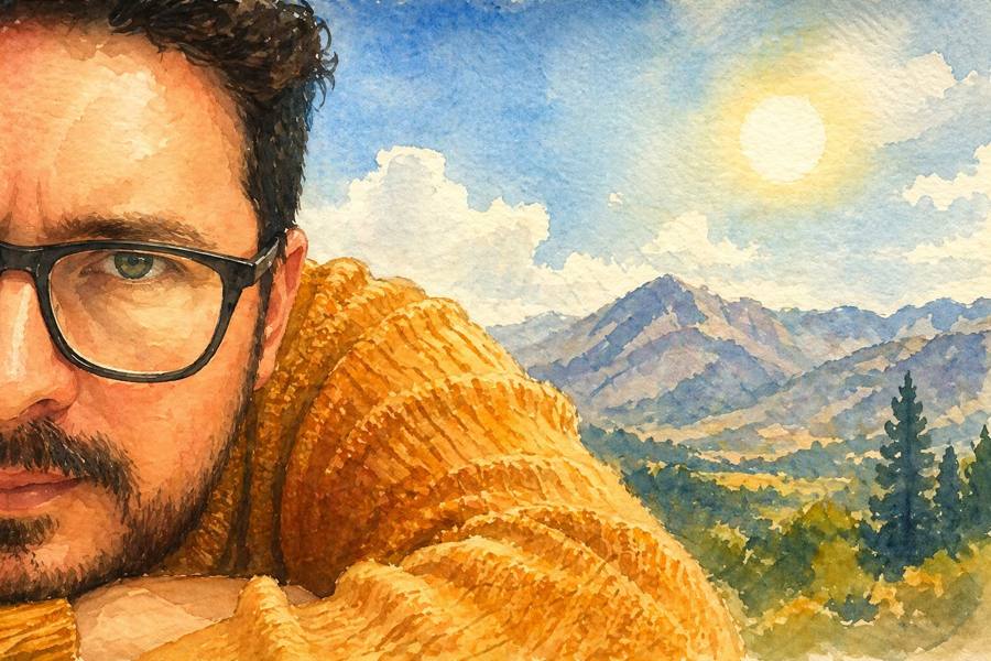 Ilustración en acuarela de matías dávila con suéter mostaza frente a montañas